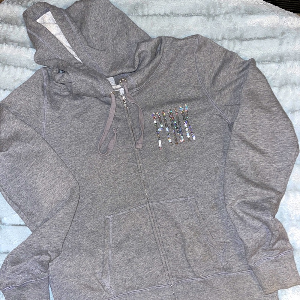 VS Pink zip up hoodie gray with silver and pink sequin size medium